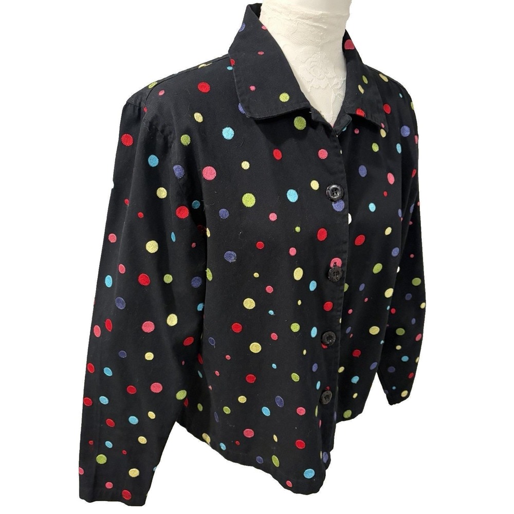 Vtg‎ 90s Keren Hart Cotton Jacket~ XL~ Colorful Embroidered Polka Dots on Black